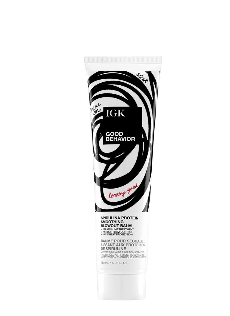 IGK GOOD BEHAVIOR Spirulina Protein Smoothing Blowout Balm | Keratin Like Treatment + Frizz Control + Heat Protectant | Vegan + Cruelty Free | 5 Oz