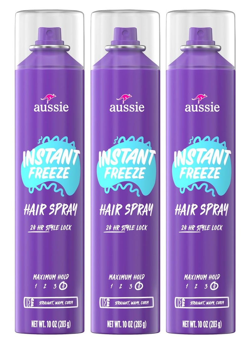 Aussie Instant Freeze Hair Spray for Extreme Hold, Infused with Jojoba Oil & Sea Kelp, Long-Lasting All-Day Hold, Fresh Citrus Scent, Safe for All Hair Types, 10 Fl Oz, 3 Pack