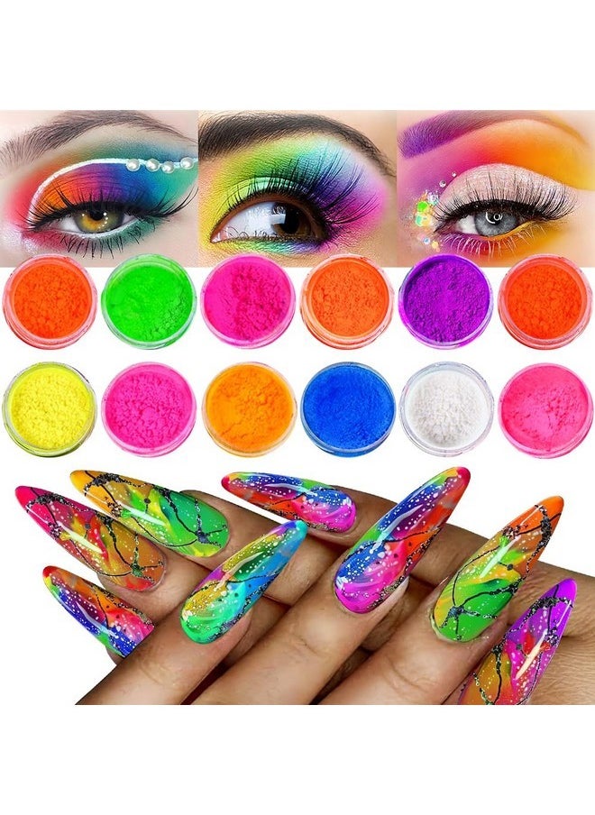 Neno Pigment Powder For Nails, 12 Colors Fluorescent Rainbow Resin Pigment Powder For Acrylic Gradient Smoke Nails, High-Gloss Paint Pigment Powder Dust For Halloween Manicure Eyeshadow Liner Makeup
