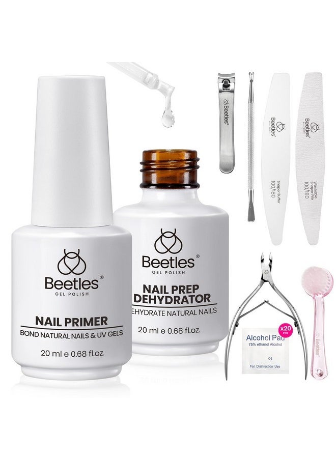 Beetles Nail Dehydrator And Primer Nail Care Tool Kit 20Ml Large Capacity Acid-Free & Hema-Free Nail Prep Dehydrate Bond Primer With Manicure Tools For Acrylic Nail Dehydrator Professional Salons Set