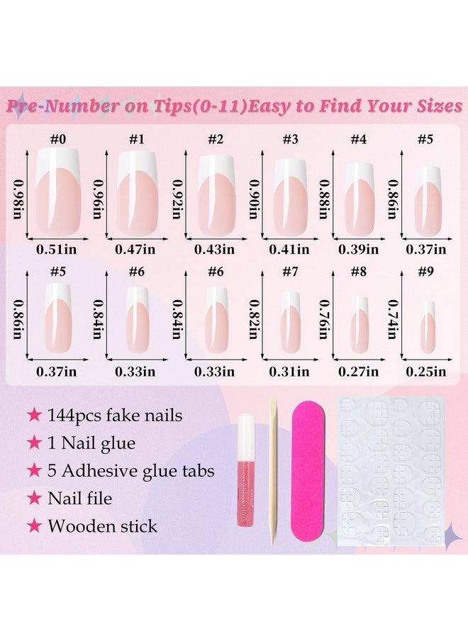 144Pc White French Tips Press On Nails Medium Square Fake Nails French Nude Ombre Glue On Nails Press Ons French Tips Medium False Fingernails With Glue Adhesive Tabs For Women Girls