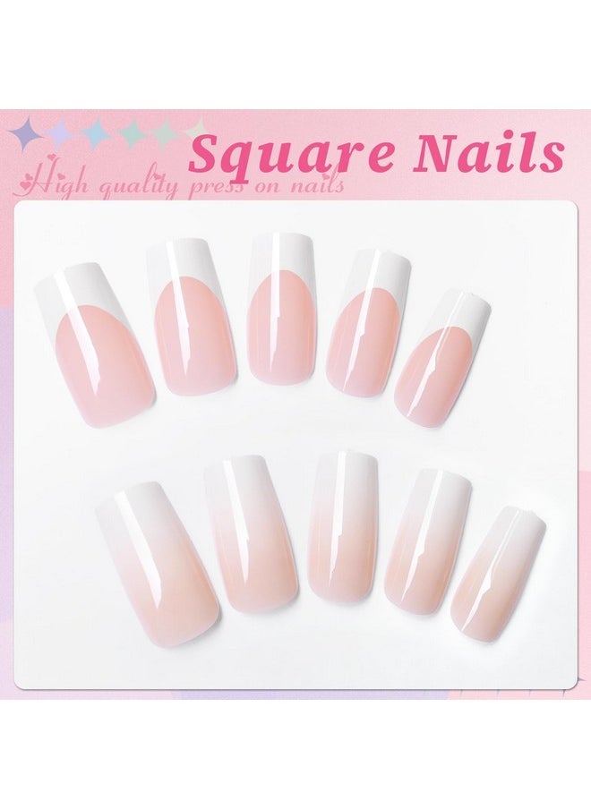 144Pc White French Tips Press On Nails Medium Square Fake Nails French Nude Ombre Glue On Nails Press Ons French Tips Medium False Fingernails With Glue Adhesive Tabs For Women Girls