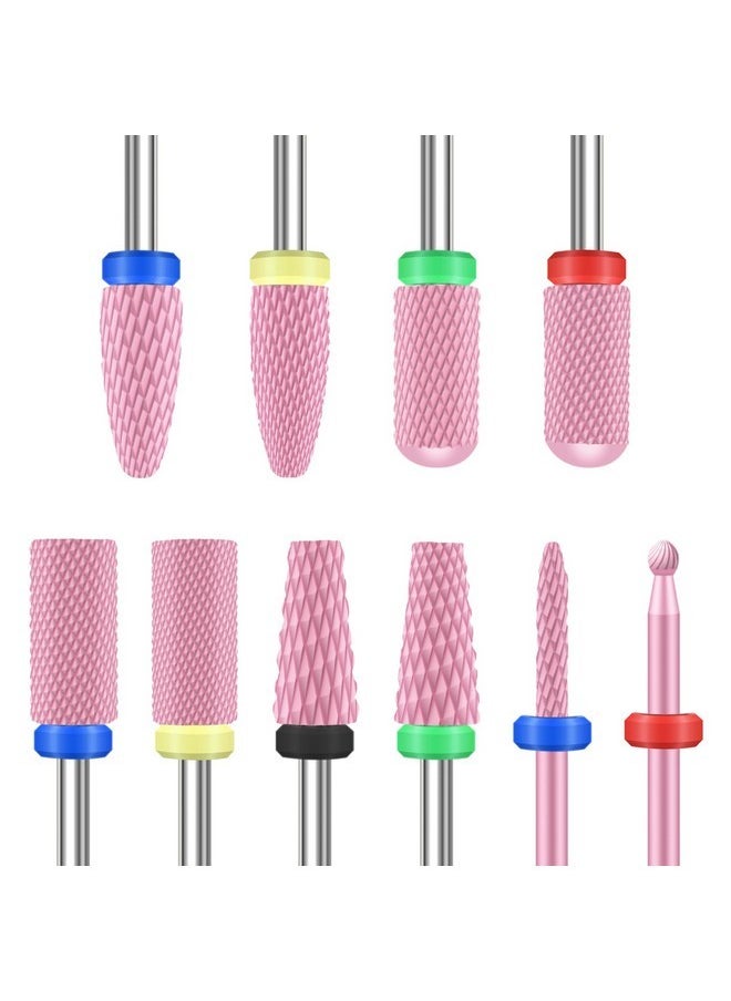 10Pcs Ceramic Nail Drill Bits, Professional 3/32 Inch Electric Manicure Pedicure Drill Bits Nail Tech Set For Acrylic Gel Nails, Efile Cuticle Remover Safety Bit For Nail Drill File, Pink