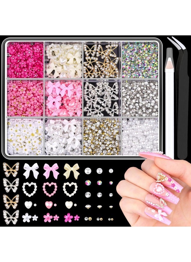 3D Nail Charms And Gems Set 7, 20Pcs Chunky Butterfly Charms + 75Pcs Coquette Nail Bows And Hearts + 3D Flowers For Nails With Rhinestones, Pearls, Diamonds And Picker Tools For Y2K Nail Decor