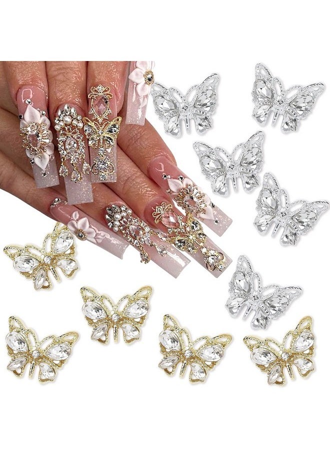 10Pcs Shiny Alloy Butterfly Nail Charms Metal Butterfly Nail Gems Nail Rhinestones 3D Gold Silver Nail Charm Nail Jewelry Butterfly Charms For Women Girls Diy Acrylic Nail Manicure Decorations