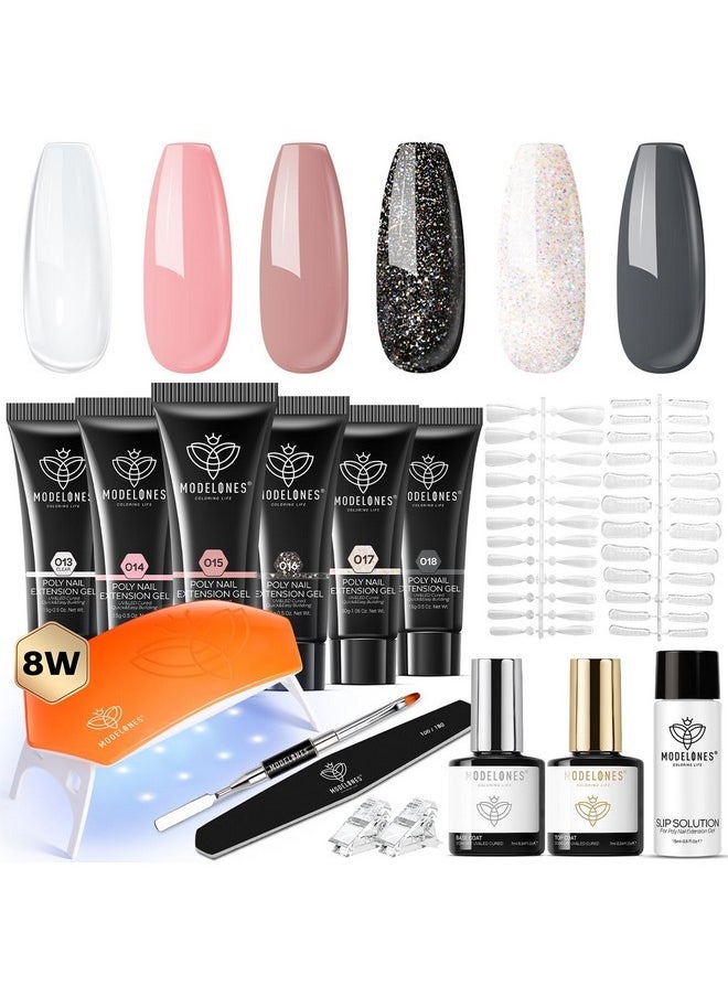 Poly Gel Nail Kit 6 Colors With 8 W Nail Lamp Nail Extension Gel Kit Nude Clear Pink Black Glitter Complete Starter Kit For Beginner Nail Thickening Solutions Diy At Home For Women