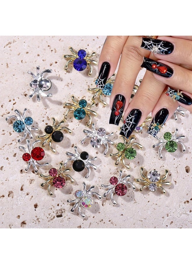 18Pcs Spider Nail Charms Halloween Decor 3D Alloy Spider Nail Charms Gold Silver Edge Spider Nail Gems Jewelry Sparkling Spider Nail Rhinestones Design Halloween Nail Diamonds Crystal Charms For Nails