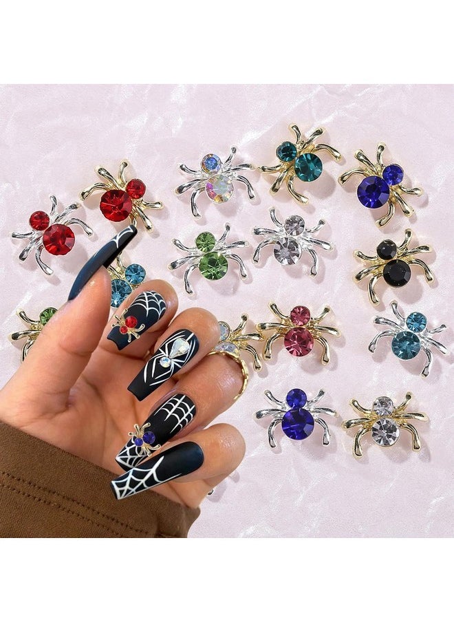 18Pcs Spider Nail Charms Halloween Decor 3D Alloy Spider Nail Charms Gold Silver Edge Spider Nail Gems Jewelry Sparkling Spider Nail Rhinestones Design Halloween Nail Diamonds Crystal Charms For Nails