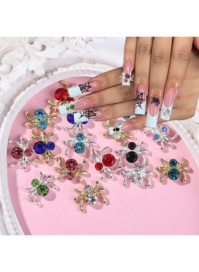 18Pcs Spider Nail Charms Halloween Decor 3D Alloy Spider Nail Charms Gold Silver Edge Spider Nail Gems Jewelry Sparkling Spider Nail Rhinestones Design Halloween Nail Diamonds Crystal Charms For Nails