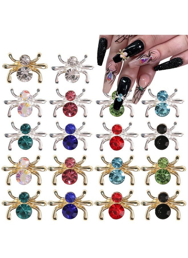 18Pcs Spider Nail Charms Halloween Decor 3D Alloy Spider Nail Charms Gold Silver Edge Spider Nail Gems Jewelry Sparkling Spider Nail Rhinestones Design Halloween Nail Diamonds Crystal Charms For Nails