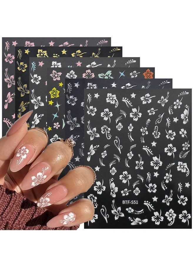 6Sheets Hibiscus Flower Nail Stickers White Pink Nail Decals Elegant Floral Petal Wavy Line Strip Tropical Leaf Designs French Tip Sticker For Women Nail Supplies Spring Nail Decorations Accessories