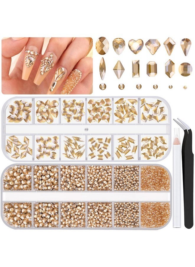 2630Pcs Champagne Gold Glass Nail Rhinestones 120Pcs Multi Shapes Flatback Gems Crystal+2510Pcs 1.5-4Mm Round Beads, Manicure Diomand Jewelry Gemstones For Nail Design Makeup Acrylic Nails Decoration