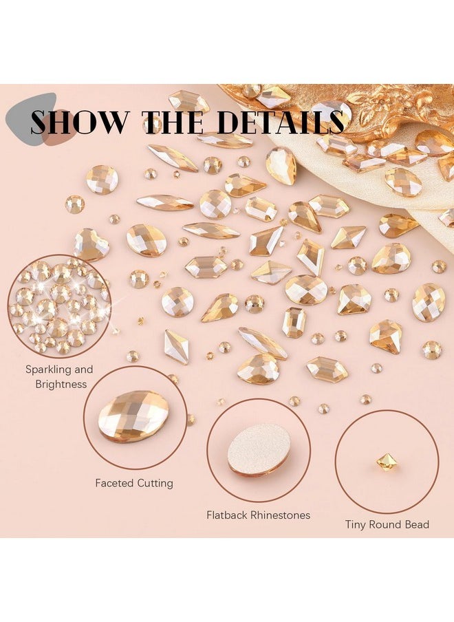 2630Pcs Champagne Gold Glass Nail Rhinestones 120Pcs Multi Shapes Flatback Gems Crystal+2510Pcs 1.5-4Mm Round Beads, Manicure Diomand Jewelry Gemstones For Nail Design Makeup Acrylic Nails Decoration