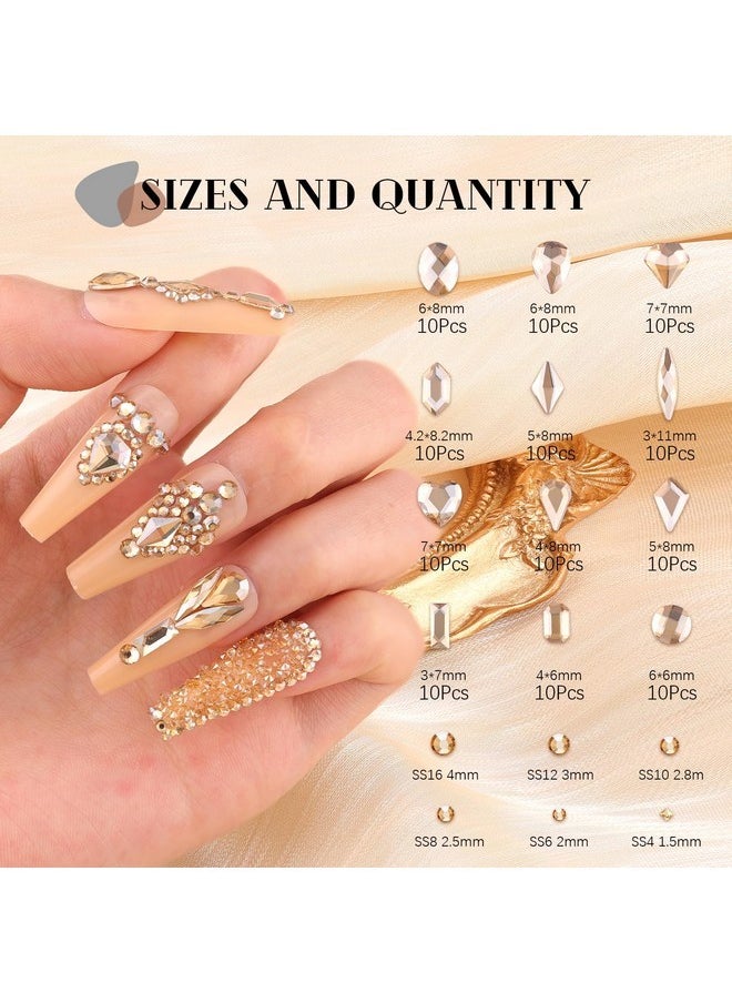 2630Pcs Champagne Gold Glass Nail Rhinestones 120Pcs Multi Shapes Flatback Gems Crystal+2510Pcs 1.5-4Mm Round Beads, Manicure Diomand Jewelry Gemstones For Nail Design Makeup Acrylic Nails Decoration