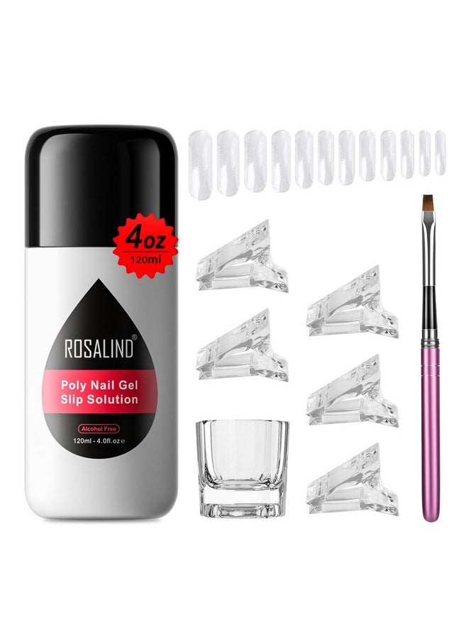 4Oz Slip Solution For Poly Nail Gel Extension Liquid Solution For Poly Nail Gel Anti-Stick Slip Solution, Poly Extension Gel Slip Liquid Solution With Nail Brush Nail Clips Cup For Home Salon