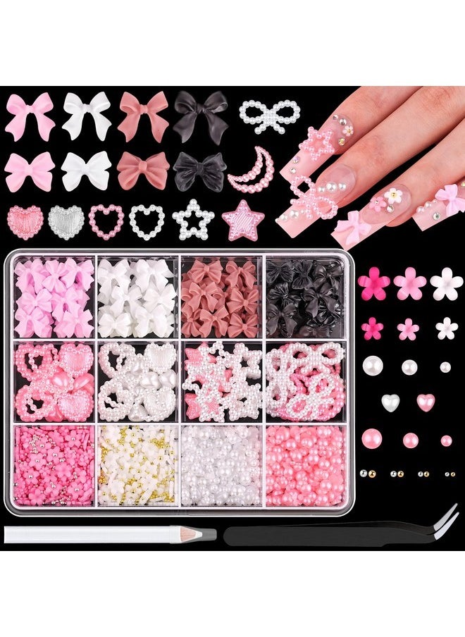 Chunky Nail Charms And Gems Set 1, Girly Coquette Nail Charms + Assorted Pearl Bows Heart Star Moon + Cute 3D Flowers For Nails + Pink & White Flatback Pearls With Pickup Tool For Kawaii Nail Design