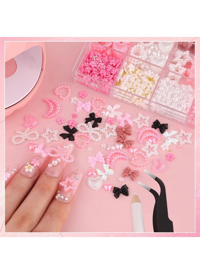 Chunky Nail Charms And Gems Set 1, Girly Coquette Nail Charms + Assorted Pearl Bows Heart Star Moon + Cute 3D Flowers For Nails + Pink & White Flatback Pearls With Pickup Tool For Kawaii Nail Design