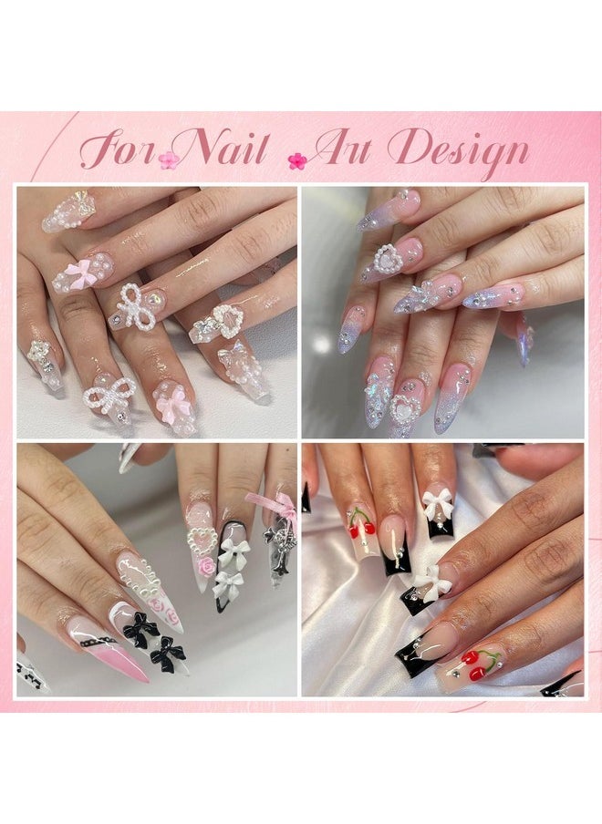 Chunky Nail Charms And Gems Set 1, Girly Coquette Nail Charms + Assorted Pearl Bows Heart Star Moon + Cute 3D Flowers For Nails + Pink & White Flatback Pearls With Pickup Tool For Kawaii Nail Design