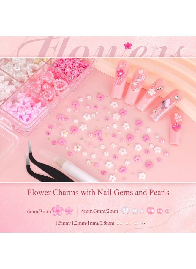 Chunky Nail Charms And Gems Set 1, Girly Coquette Nail Charms + Assorted Pearl Bows Heart Star Moon + Cute 3D Flowers For Nails + Pink & White Flatback Pearls With Pickup Tool For Kawaii Nail Design