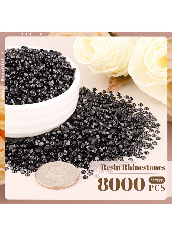 8000Pcs 3Mm Resin Rhinestones Bulk For Crafting (Black), Flatback Bedazzling Crystals For Crafts Diy Nail Decoration, Gems Charms For Tumbler Shoes Clothing Fabric With Pickup Pen And Tweezers