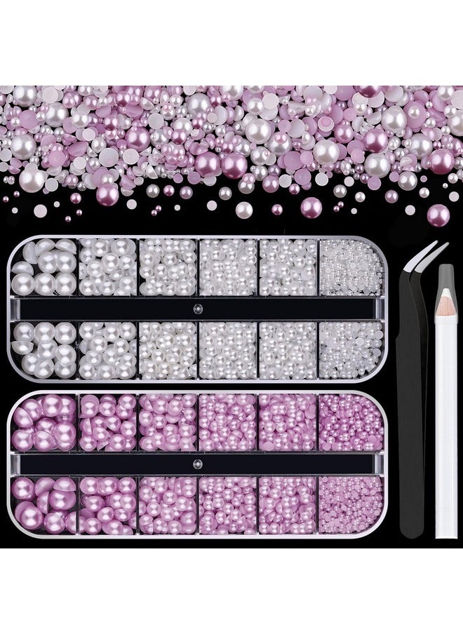 2 Boxes Flat Back Pearls Kit 2 Flatback White&Light Purple Half Round Pearls With Pencil And Tweezer 2-8Mm For Face Makeup And Craft