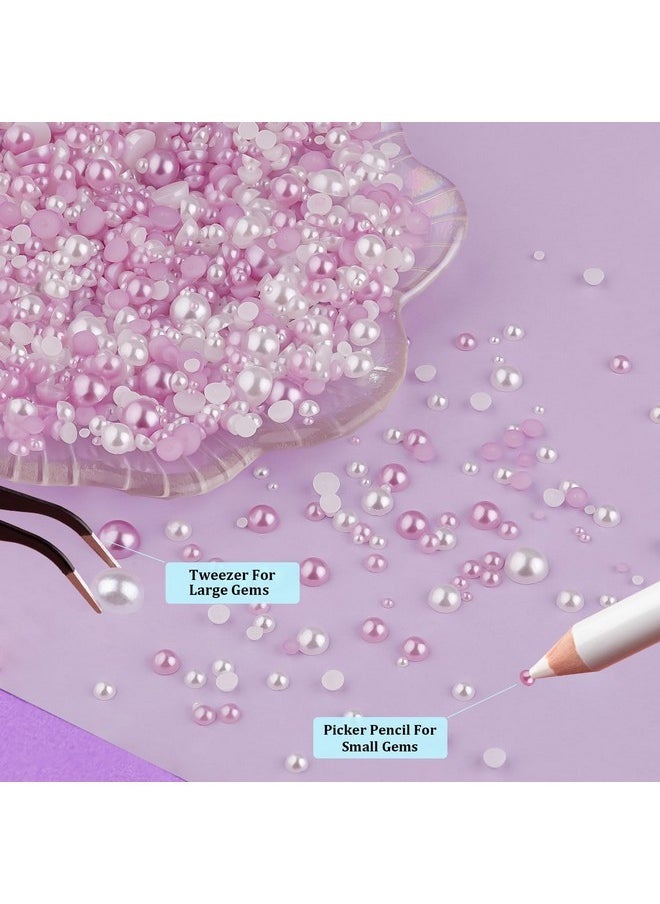 2 Boxes Flat Back Pearls Kit 2 Flatback White&Light Purple Half Round Pearls With Pencil And Tweezer 2-8Mm For Face Makeup And Craft