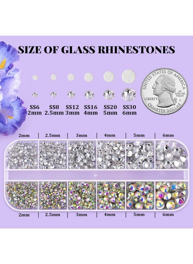 2100 Pcs Crystal Glass Rhinestones For Crafting, Ss6-Ss30 Gems For Bedazzling, Round Flatback Diamonds For Crafts Clothing Nails Makeup With Pickup Tools (Crystal Ab & Silver Clear)