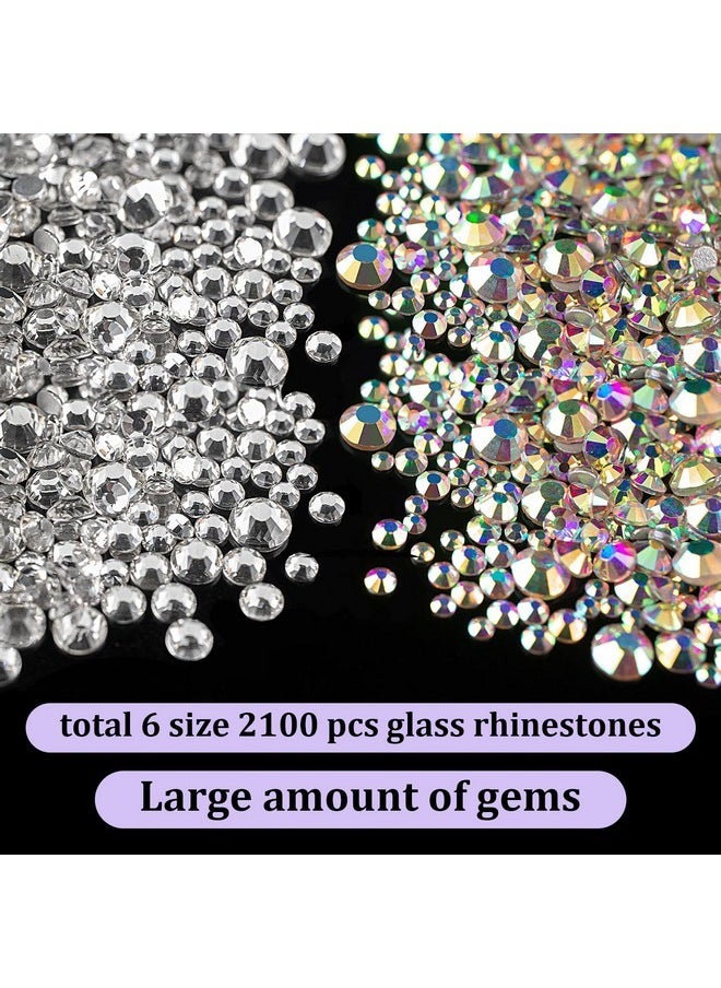 2100 Pcs Crystal Glass Rhinestones For Crafting, Ss6-Ss30 Gems For Bedazzling, Round Flatback Diamonds For Crafts Clothing Nails Makeup With Pickup Tools (Crystal Ab & Silver Clear)