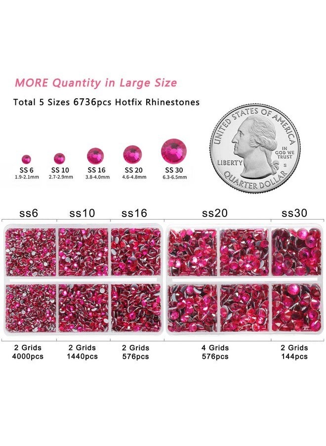 6736Pcs Hotfix Rhinestones Flatback,Hot Pink Rhinestones For Crafts Clothes Mixed 5 Sizes, Hotfix Crystals With Tweezers And Wax Pencil Kit, Ss6-Ss30, Hot Pink