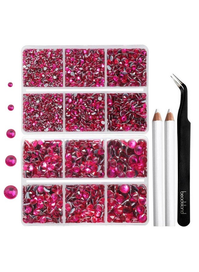 6736Pcs Hotfix Rhinestones Flatback,Hot Pink Rhinestones For Crafts Clothes Mixed 5 Sizes, Hotfix Crystals With Tweezers And Wax Pencil Kit, Ss6-Ss30, Hot Pink