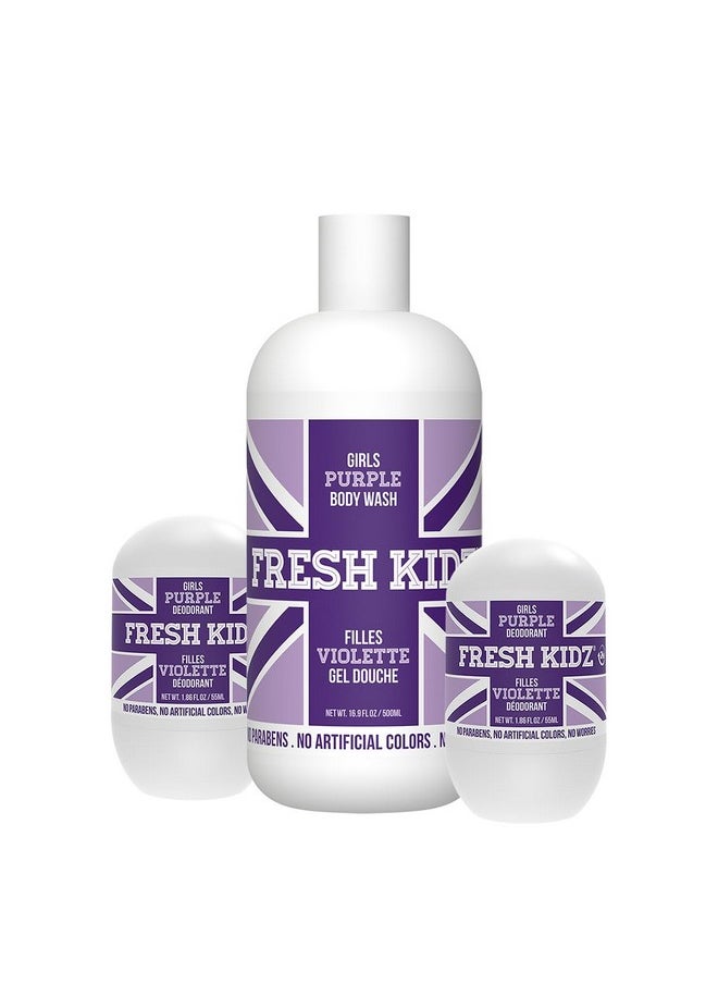 Body Wash 16.9 Fl.Oz. And 2 Roll-On Deodorants 1.86 Fl.Oz. For Kids And Teens - Girls Purple Set