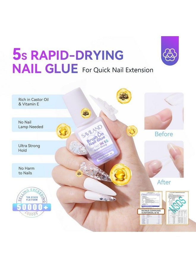 Nail Glue: 5S Dry Strong Nail Glue For Press On, Brush On Nail Glue For Acrylic Nails And Dip Powder, Professional Nail Glue For Nail Tips Long Lasting French Tip Tool Easy To Use 0.34 Oz