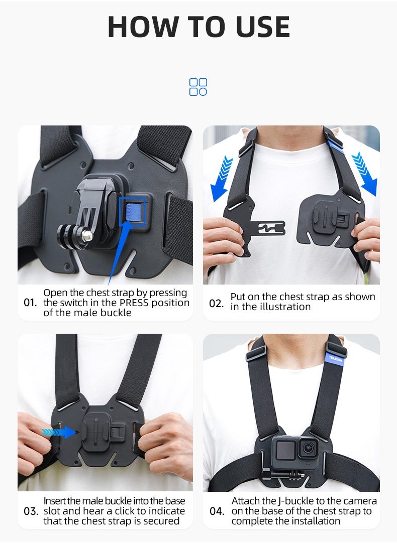 Chest Mount Harness Chest Strap with for GoPro Chest Mount Hero 12,11,10,9,8,7,6,5,4, Hero Session, DJI Osmo Action Cameras