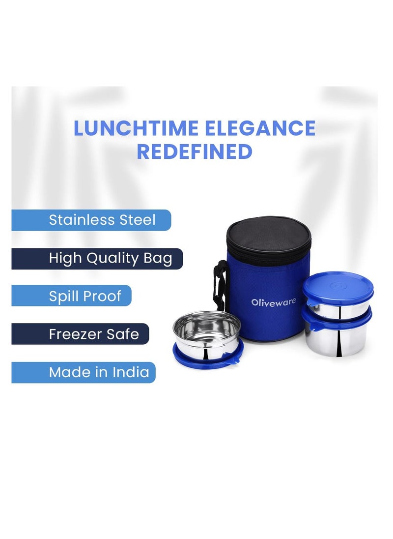 oliveware lovely stylo lunch xox, leak proof and BPA free lid, three stainless steel containers (2x290ml and 450ml), fabric jacket - blue