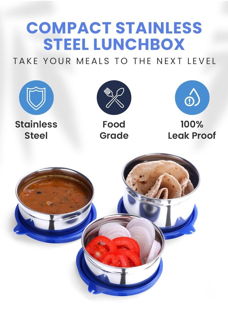 oliveware lovely stylo lunch xox, leak proof and BPA free lid, three stainless steel containers (2x290ml and 450ml), fabric jacket - blue