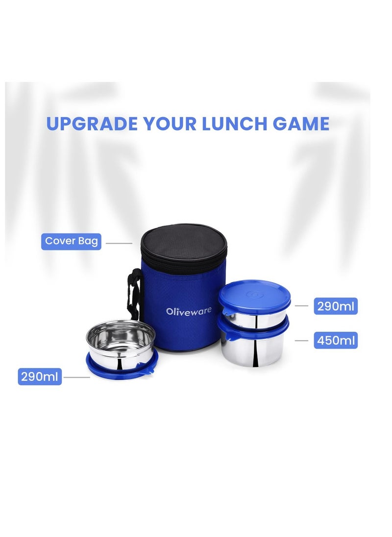 oliveware lovely stylo lunch xox, leak proof and BPA free lid, three stainless steel containers (2x290ml and 450ml), fabric jacket - blue
