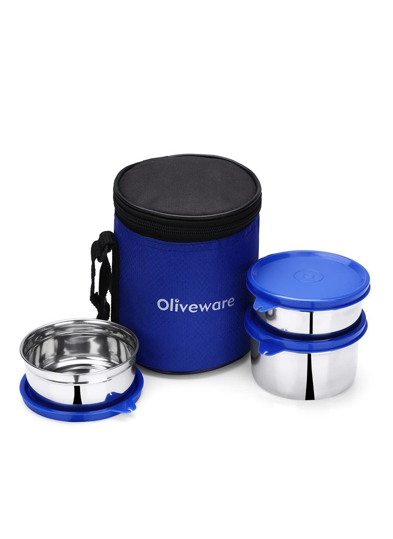 oliveware lovely stylo lunch xox, leak proof and BPA free lid, three stainless steel containers (2x290ml and 450ml), fabric jacket - blue