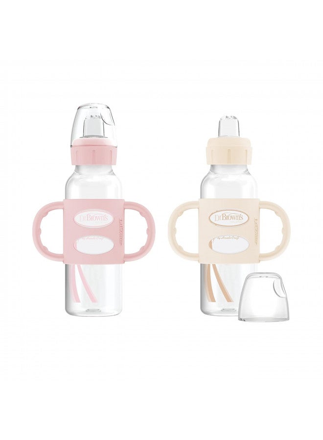 Pack Of 2 Milestones Narrow Sippy Bottle With 100% Silicone Handles, Easy-Grip Bottle With Soft Sippy Spout, 8Oz, Bpa Free, Light-Pink And Ecru, 6 Monthes +