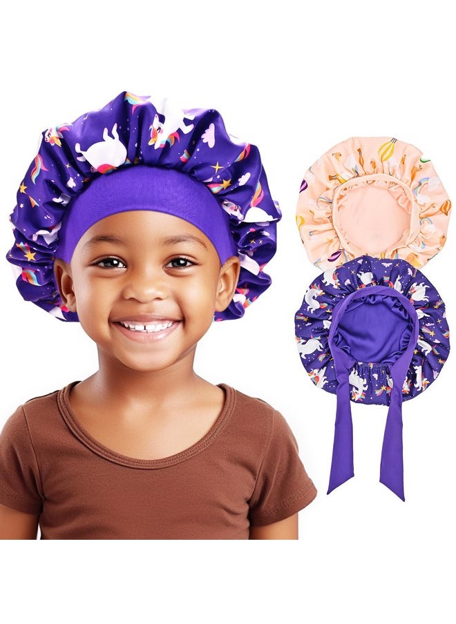 2 Pcs Kids Bonnets For Girls, Reversible Silk Bonnet For Sleeping Satin Bonnet Cap With Wide Elastic Band -Purple & Pink