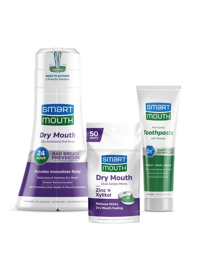 Package With Dry Mouth Activated Mouthwash - 16 Fl Oz, Soothing Mint & Dry Mouth Dual-Action Mints - 50 Count, Mellow Mint & Premium Zinc Ion Toothpaste - 6 Oz, Mild Mint