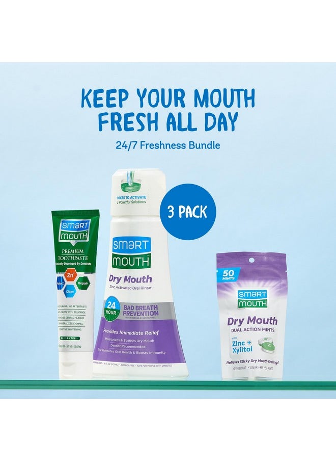 Package With Dry Mouth Activated Mouthwash - 16 Fl Oz, Soothing Mint & Dry Mouth Dual-Action Mints - 50 Count, Mellow Mint & Premium Zinc Ion Toothpaste - 6 Oz, Mild Mint