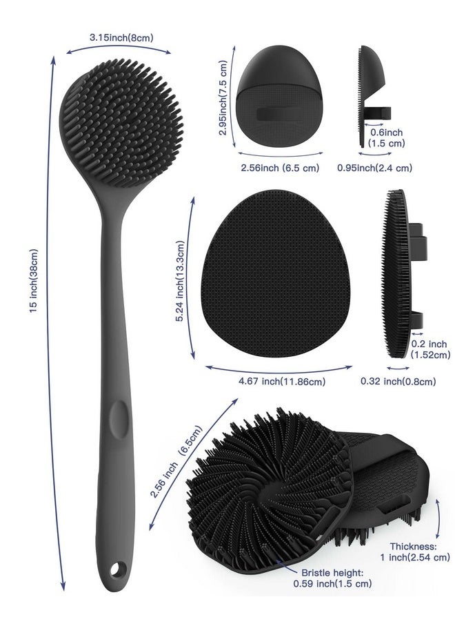 Silicone Back Scrubber & Soft Bath Glove Set 4 Pcs(Thick Bristles), Super-Exfoliating Body Scrubber & Super-Lathering Shower Brush Combination, With 2 Free Hooks (Black)