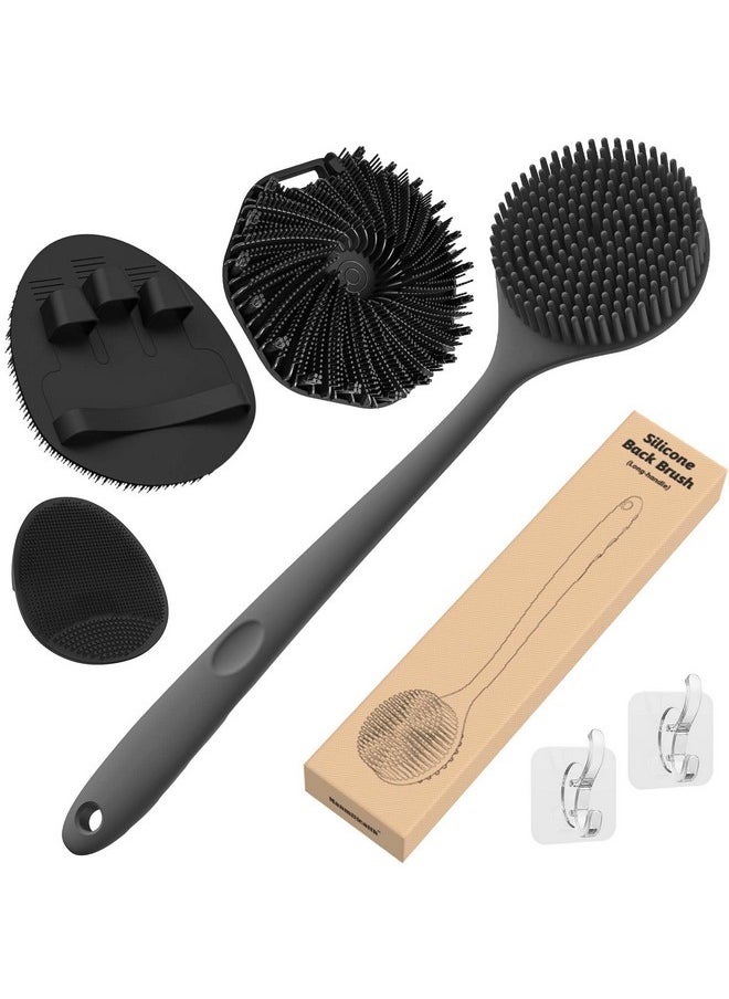 Silicone Back Scrubber & Soft Bath Glove Set 4 Pcs(Thick Bristles), Super-Exfoliating Body Scrubber & Super-Lathering Shower Brush Combination, With 2 Free Hooks (Black)