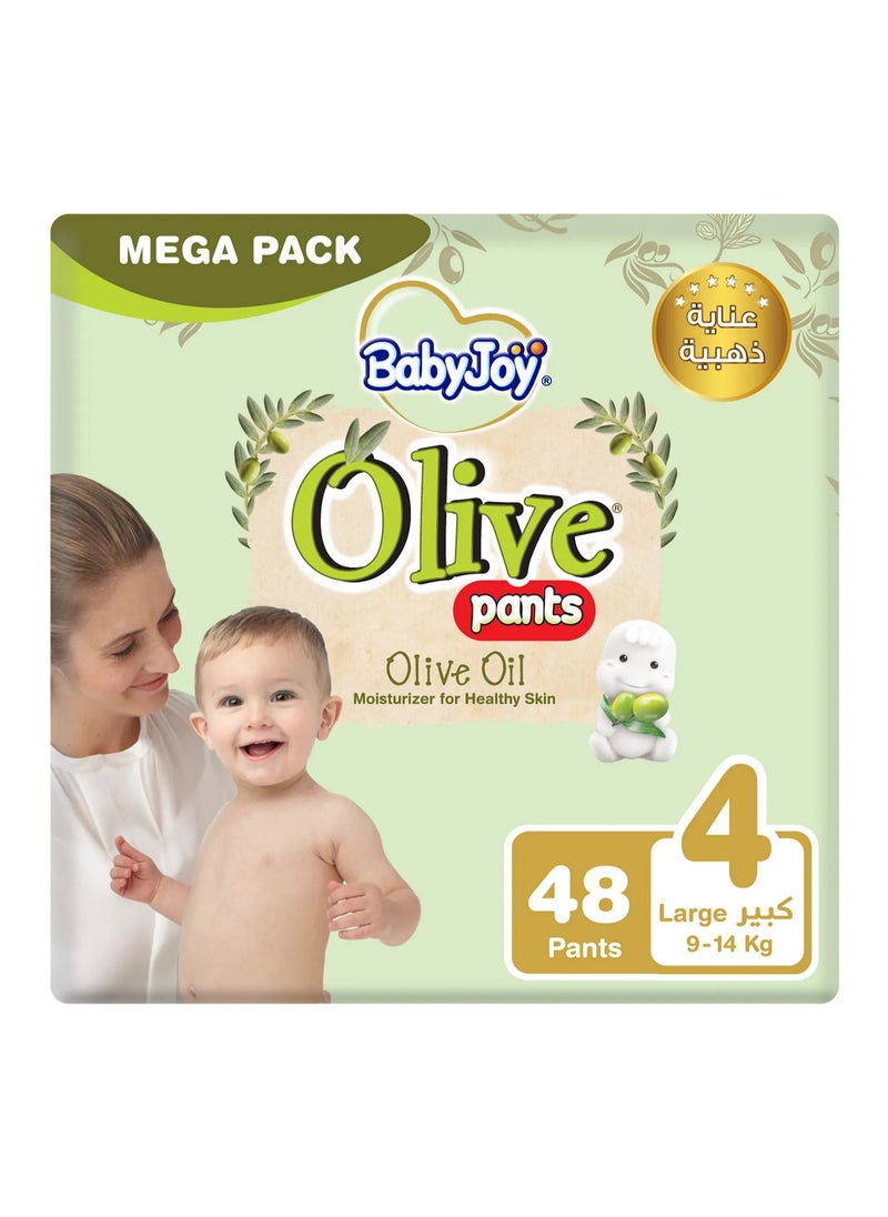 BabyJoy Olive Pant Style Diapers, 48 Pieces Mega Pack, Large Size 4, 9 to 14kg - Breathable, Moisturizes, Compressed Air Channel, Waist Stretch