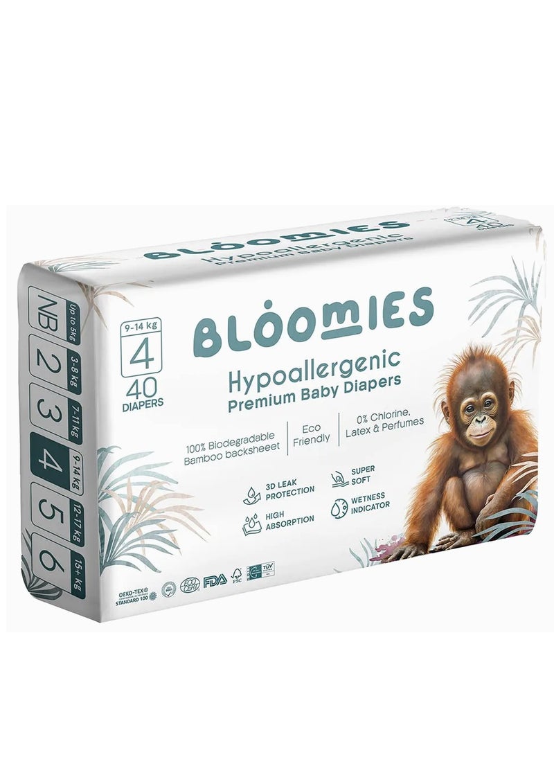 Bloomies Premium Baby Diapers with wetness indicator | Eco-friendly and Hypoallergenic Nappies Made with 100% Bamboo | Nappies Size 4 for babies 9-14kg x 40pcs