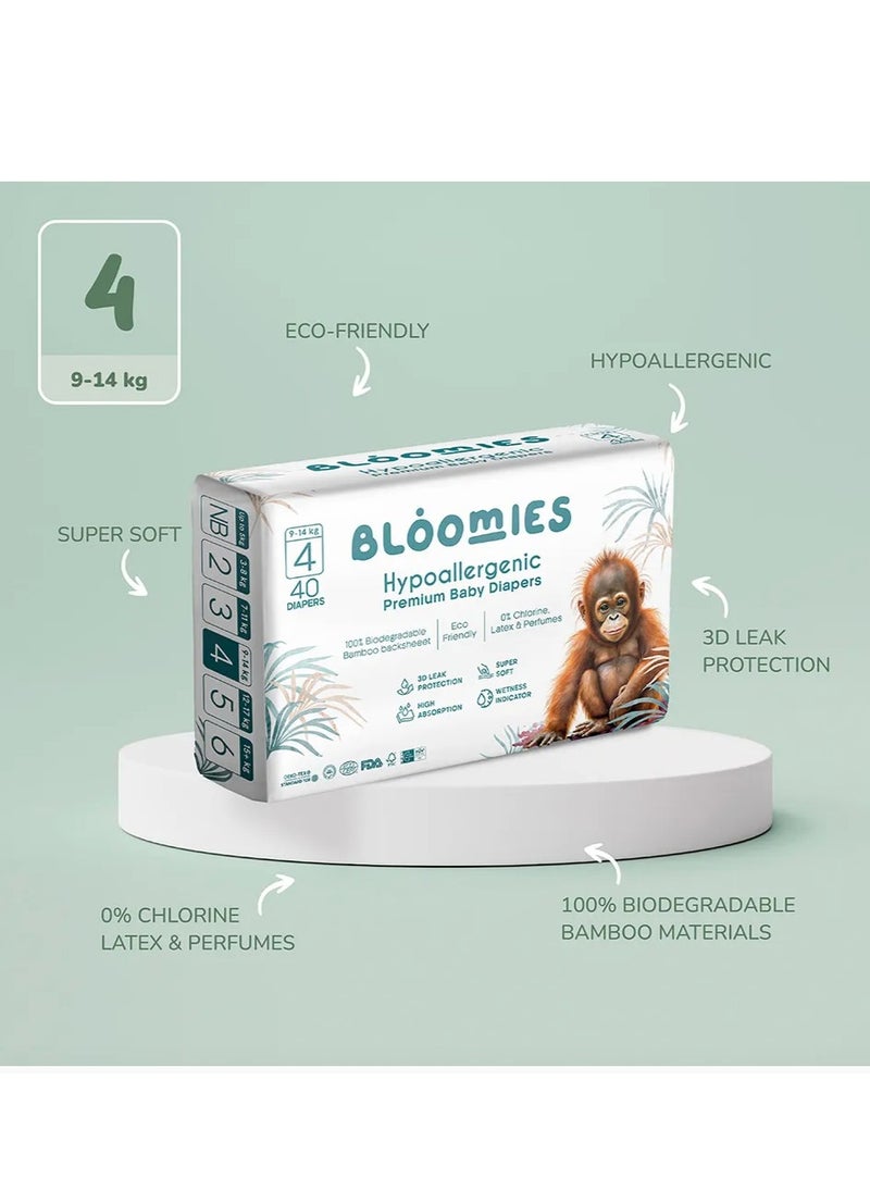 Bloomies Premium Baby Diapers with wetness indicator | Eco-friendly and Hypoallergenic Nappies Made with 100% Bamboo | Nappies Size 4 for babies 9-14kg x 40pcs