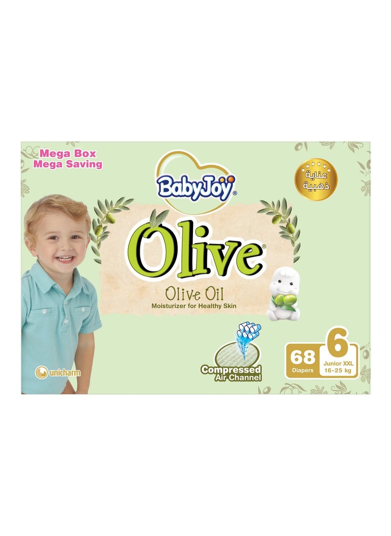 BabyJoy Olive Tape Style Diapers, 68 Pieces, Junior XXL Size 6 Mega Box, 16-25kg - Gentle Olive Moisturising, Breathable, Compressed Air Channel