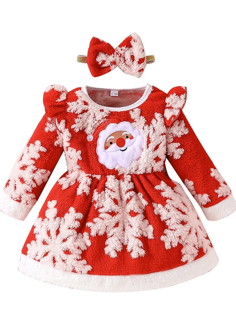 Babyqlo Santa and Snowflake Cozy Holiday Christmas Dress with Hairband - Red