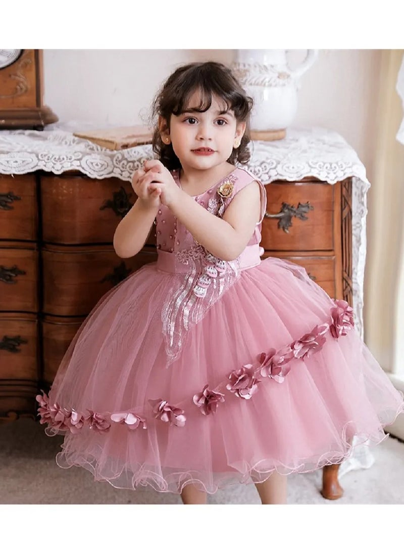 Babyqlo Elegant Pearl and Lace Dress - Pink