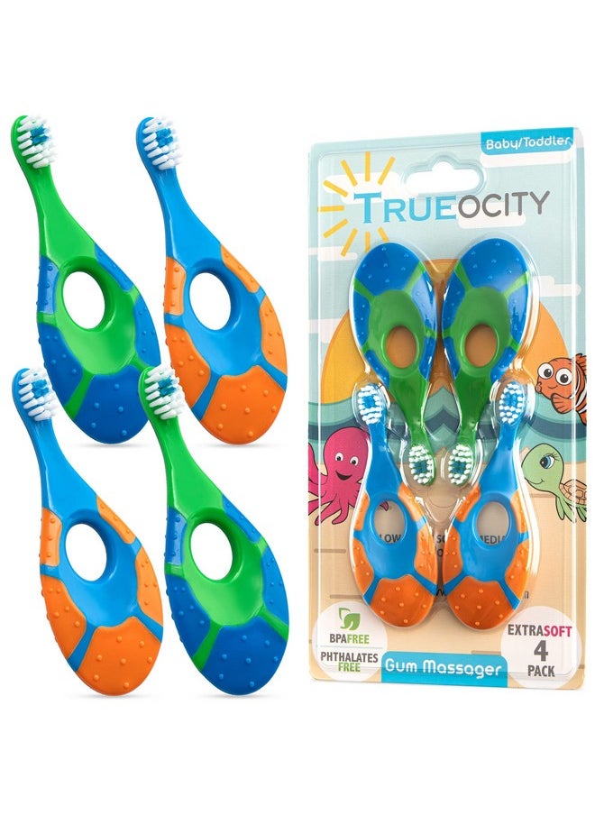 Baby Toddler Toothbrush 4 Pack, Soft Bristles, Teething Finger Handle Toothbrushes For 0-2 Years - Training First Set (Blue, Green, Orange) - Bpa Free